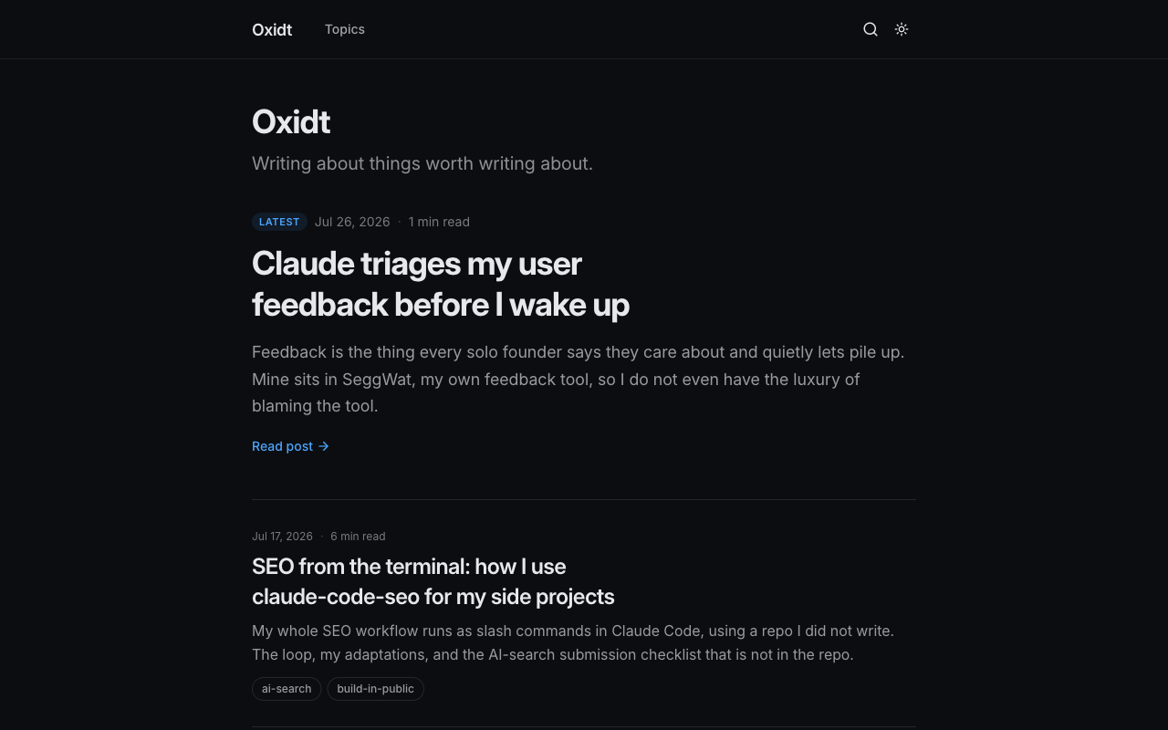 The oxidt-blog post index in dark mode